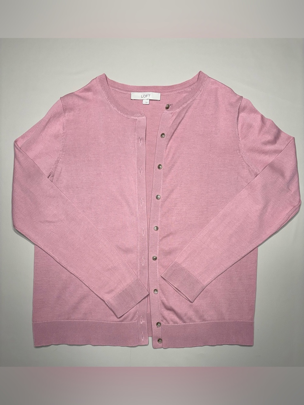 LOFT Light Pink Crewneck Button-Front Cardigan